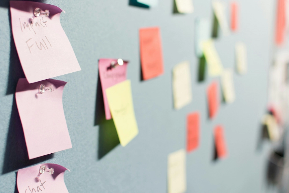 Bürowand mit Post-its und Notizen zur Strukturierung von Aufgaben